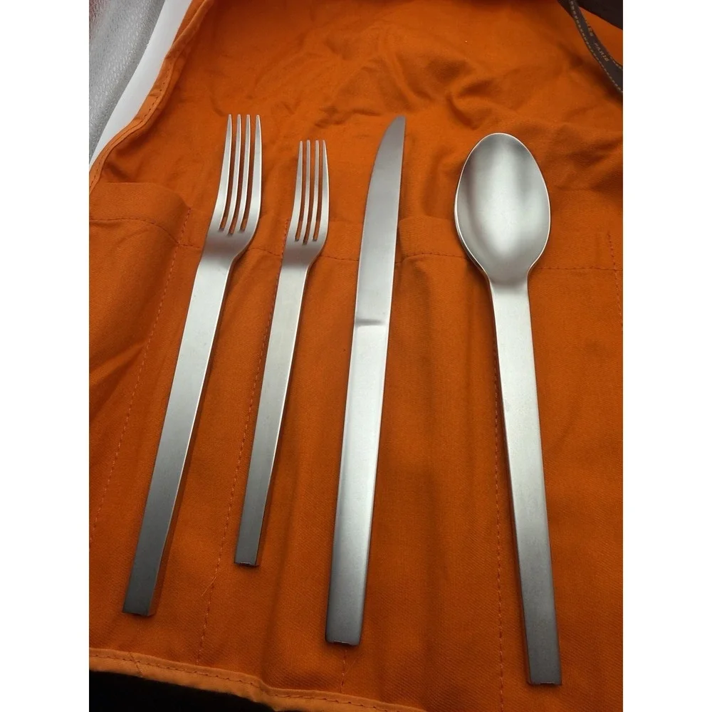 Hermès Paris Tout Simple HTS 4 Pc Stainless Flatware Set Box & Travel Roll